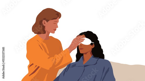The image is a vector illustration featuring two women, one with light brown hair and an orange top, the other with dark hair and a blue pajama top. The woman in orange is gently placing a white