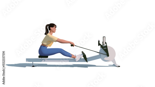 The image is a digital illustration or rendering, showcasing a young woman with brown hair tied back in a ponytail. She is seated on a rowing machine, depicted in a side profile view against a