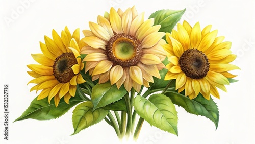 Wallpaper Mural Watercolor painting of three vibrant sunflowers with lush green leaves on white background Torontodigital.ca