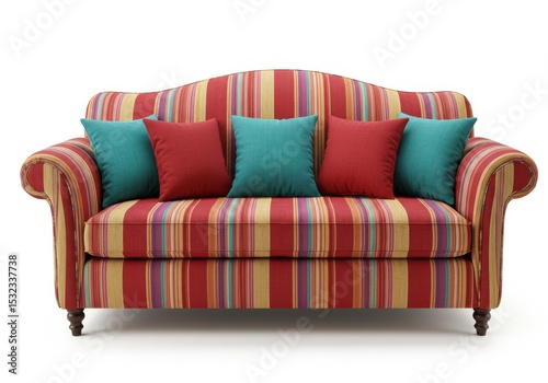 Striped sofa with red and turquoise pillows