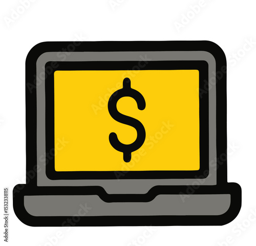 Vector icon of a laptop with a dollar sign, symbolizing online income, digital finance, e-commerce, and internet-based earnings or business.