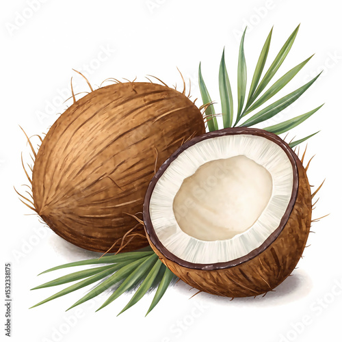 Coconut Duo with Palm Fronds: Two ripe coconut, one whole and one halved, are accompanied by vibrant green palm fronds in a photorealistic rendering of tropical freshness. photo