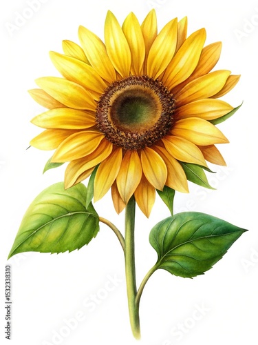 Detailed Sunflower Painting with Golden Petals and Vibrant Green Leaves