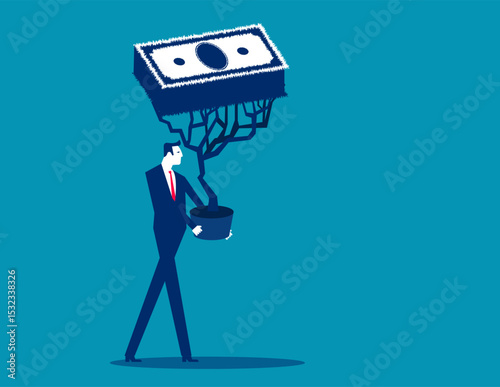Money. Businessman grows paper money in pots