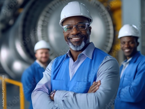 Two happy engineers in a factory arms crossed