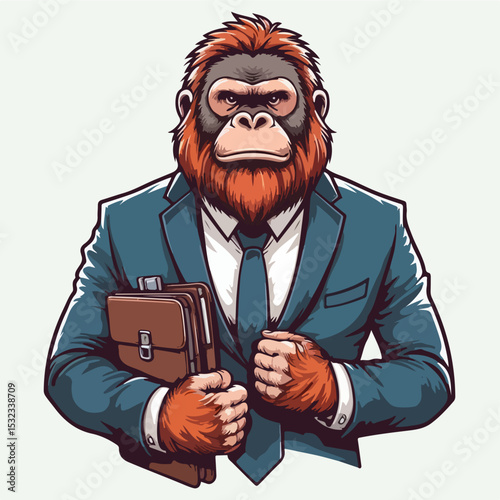 Orangutan in Professional Attire: An orangutan is dressed in a sharp business suit, holding a briefcase. this cartoon image gives a unique depiction of professionalism and the corporate world.