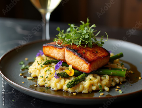 Pan-Seared Salmon with Creamy Risotto and Microgreens — A Fine-Dining Scene Featuring a Thick-Cut Presentation