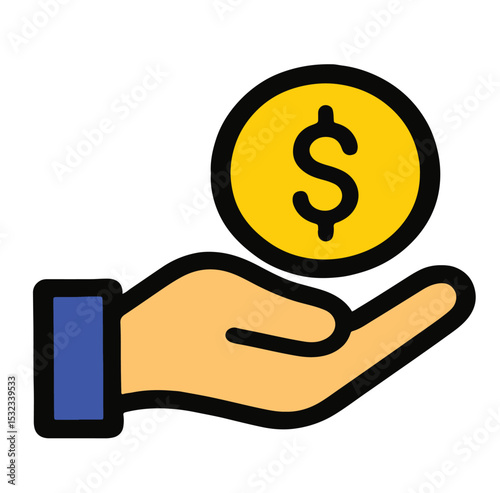  Vector illustration of a hand holding a dollar coin, ideal for depicting payment, donation, income, financial support, charity, or hand-to-hand money transactions.