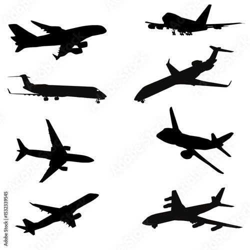 Silhouette set of various airplanes including passenger jets, fighter planes, helicopters, and vintage aircraft. Perfect for travel themes, aviation designs, infographics, and flight-related projects.