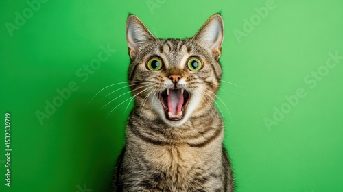 Cat With Mouth Open. Funny Portrait of Surprised Domestic Cat on Green Background