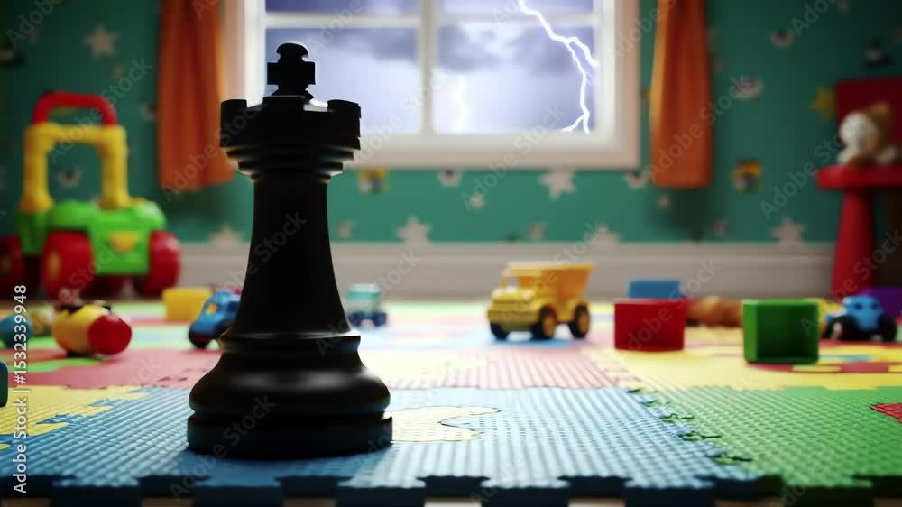Dramatic scene of a black chess rook standing on a colorful childrens play mat with a thunderstorm outside the window