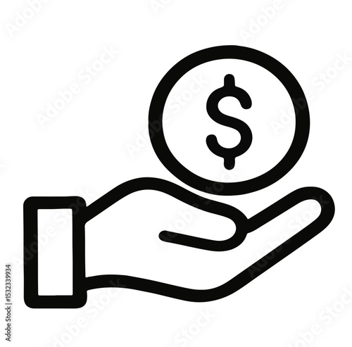 Vector illustration of a hand holding a dollar coin, ideal for depicting payment, donation, income, financial support, charity, or hand-to-hand money transactions.