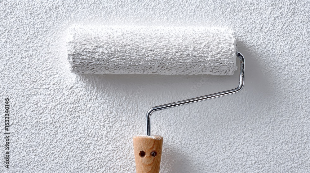 Fototapeta premium A paint roller covered in white paint is being used to coat a wall in a contemporary room. The ambiance is bright and clean, reflecting a fresh renovation effort