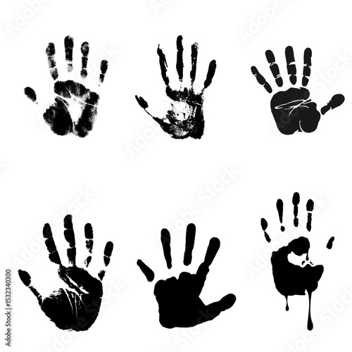 Black hand print silhouette set featuring various palm shapes, open hands, and finger spreads. Ideal for security, identity, art projects, awareness campaigns, and creative design elements.

