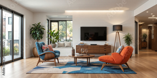 Living Room Interior Armchairs contemporary living room with stylish blue and orange armchairs wooden cabinet TV plants rug bright home