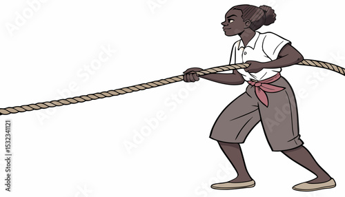 Young African woman pulling a rope against white background         