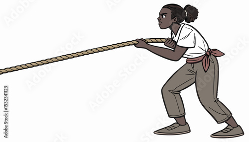 Young African woman pulling a rope against white background         