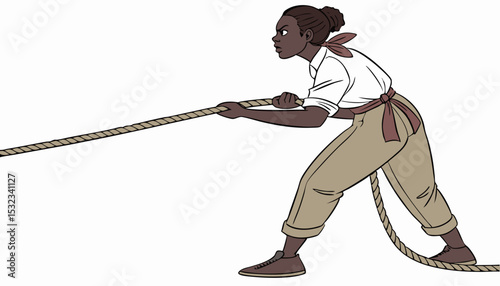 Young African woman pulling a rope against white background         