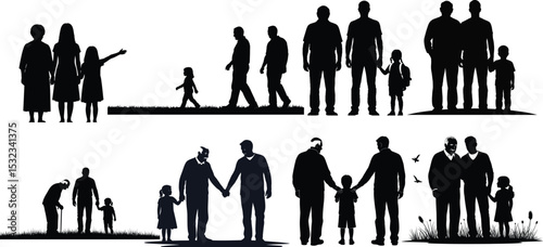 Dad and Grandfather with Children Vector Set
Paternal Bond Through Generations Silhouettes
,Fathers day silhouette bundle set