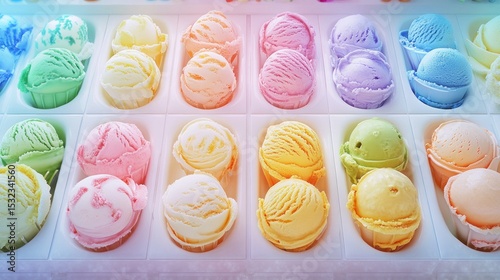 Colorful ice cream scoops in waffle cones