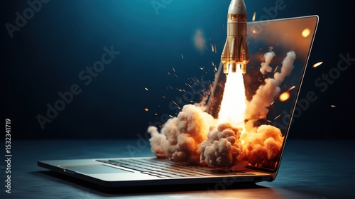 illustration of a rocket flying from the laptop screen