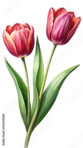 Watercolor Painting of Two Red Tulips with Green Leaves on White Background