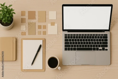 Creative home office desk with laptop and color swatches
