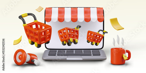 Composition with flying shopping cart open laptop megaphone and red cup with tea