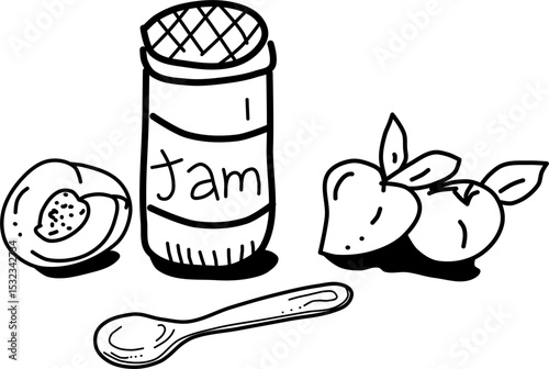 Hand-drawn peaches and jam vector doodles. Peaches, jam, and a spoon. Cute and sweet.