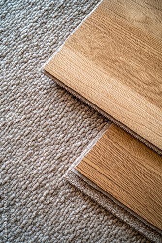 Wooden flooring samples laid on a gray carpet