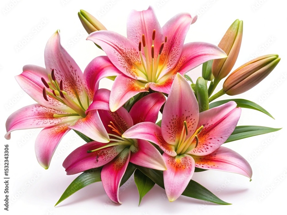 Naklejka premium Elegant floral display of pink lilies in full bloom on white backdrop