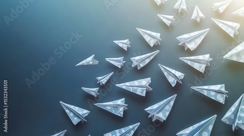Many Blue Paper Airplanes Flying Formation