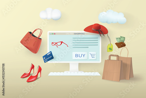 Online shopping store on your home computer. Web banner with realistic goods and bags and conceptual clouds