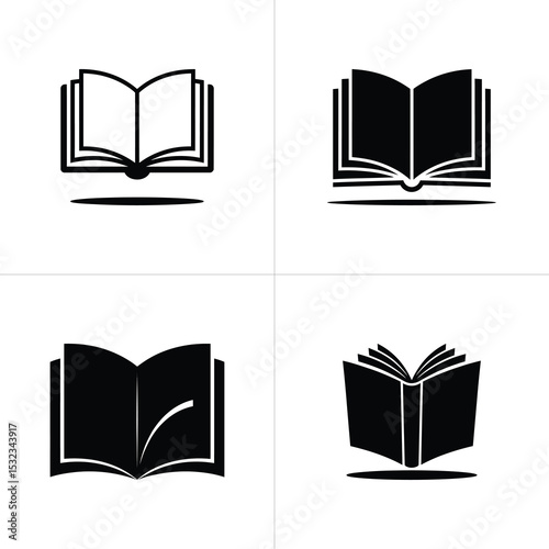 Black and White of Four Open Books in Different Styles