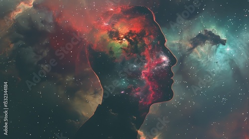 Human head silhouette filled with colorful galaxy nebula and bright stars on surreal cosmic space background