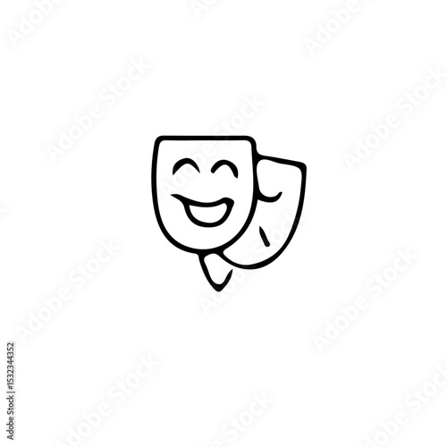 A simple line drawing depicting two theatrical masks one smiling and one with a sad expression next to each other