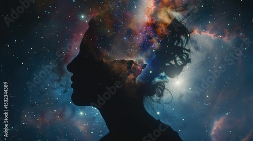 Human head silhouette filled with colorful galaxy nebula and bright stars on surreal cosmic space background