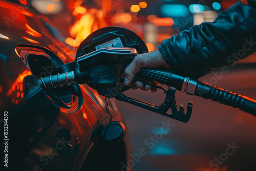 Nighttime car refueling hand holding fuel nozzle gas station lights