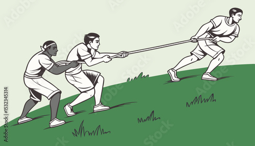 Team of muscular men playing tug of war, standing on green field and pulling rope all together. Summer, fun, activity, teamwork concept                  