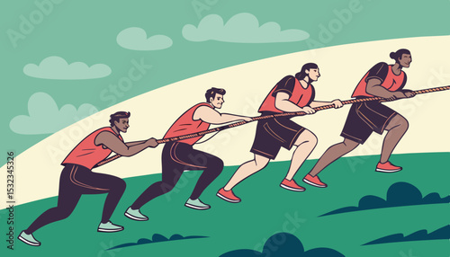Team of muscular men playing tug of war, standing on green field and pulling rope all together. Summer, fun, activity, teamwork concept                  