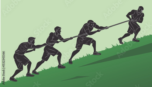 Team of muscular men playing tug of war, standing on green field and pulling rope all together. Summer, fun, activity, teamwork concept                  