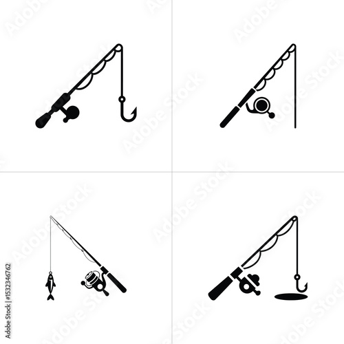 Four Fishing Rod Designs with Hooks, Reels, Line, and a Fish in Black and White