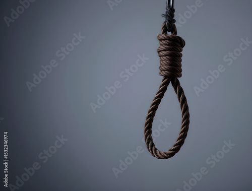 Rope noose hanging from metal on dark background symbolizing suicide