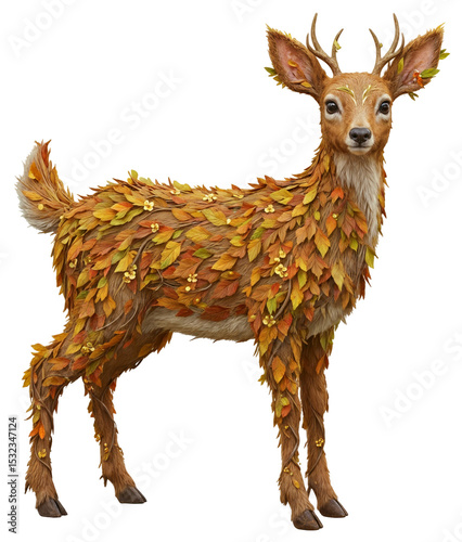 Enchanting deer covered in vibrant autumn leaves and small golden flowers photo