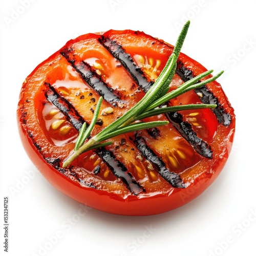 Grilled tomato slice with rosemary isolated on white background