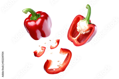 Red bell pepper exploding isolated on a white background png ai generated
