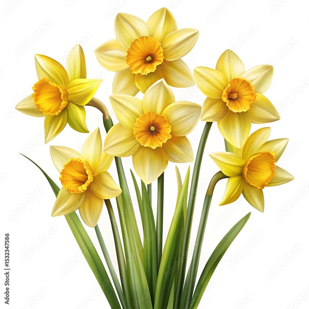 Fototapeta premium A cluster of vibrant yellow daffodil blossoms against a bright white backdrop.