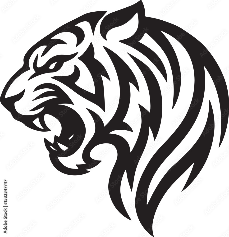 Naklejka premium Tiger Head Silhouette: Bold, Fierce & Dynamic Wildlife Illustration