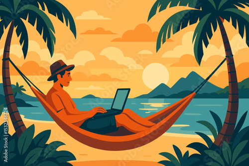 Tropical Remote Work. Digital nomad lifestyle. Vector illustration of traveler working from laptop in exotic destination, hammock,