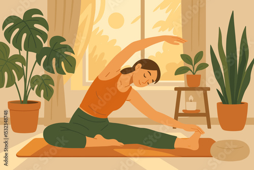 Morning Yoga Serenity. Vector illustration of morning yoga practice with young woman stretching on a mat, surrounded by plants,